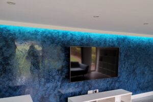 dark blue venetian polished plaster high shine feature wall