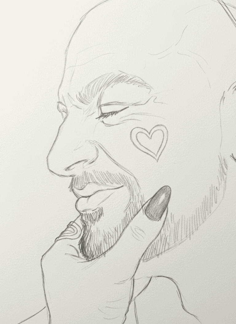 Artwork of a smiling man with a heart tattoo near his eye.
