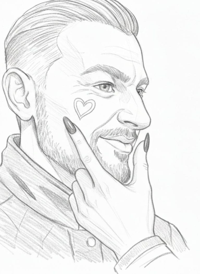 Hand-drawn portrait of a smiling man with a heart tattoo on his cheek, showcasing personalised wall.